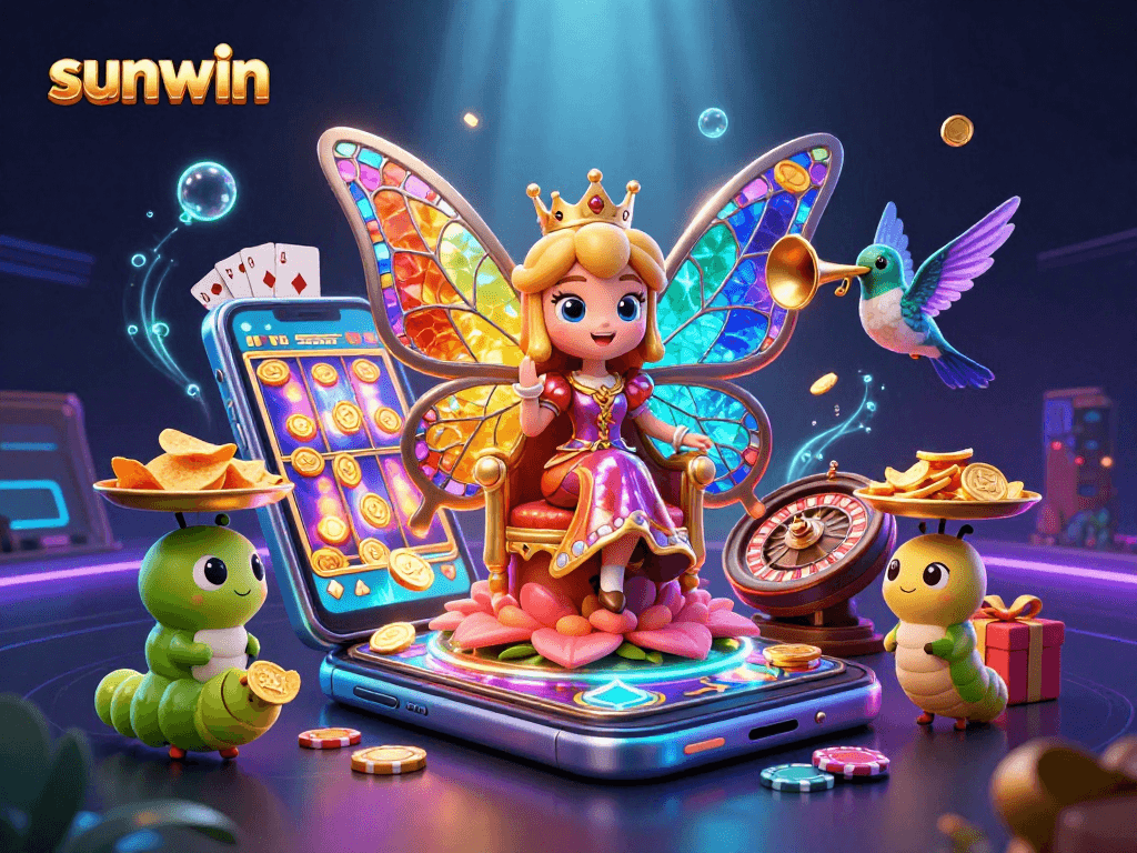 Win big with sunwin in this vibrant casino scene featuring a butterfly queen and slot games.
