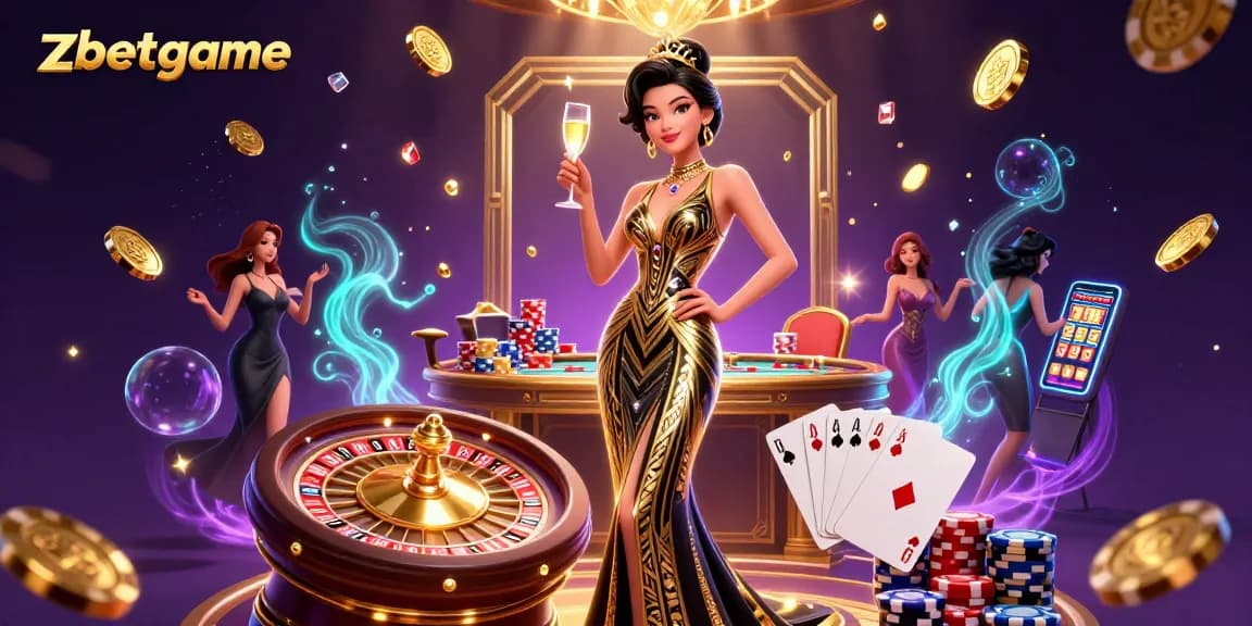 Experience zbetgame's thrilling casino atmosphere with a glamorous Asian woman at the roulette table.