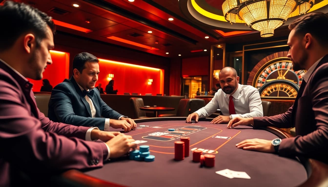 Players enjoying a thrilling poker game at Go8's luxurious casino atmosphere.