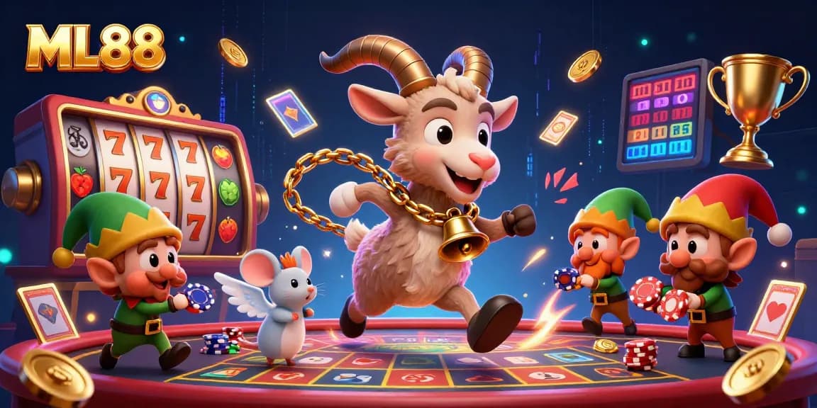 Bet on big wins at ML88 in a lively cartoon casino with Krampus and playful characters.