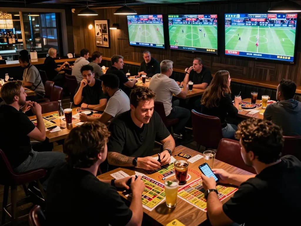 GVUI betting scene with players excitedly analyzing odds on smartphones during a sports event