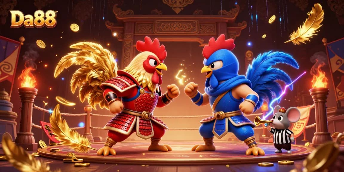 Engage with Da88 and witness twin roosters battling in a vibrant casino showdown.