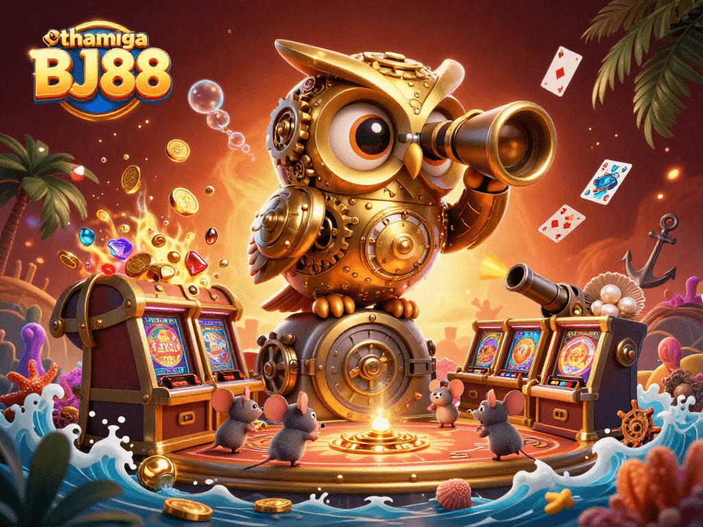 Experience tham gia BJ88 with a vibrant 3D casino illustration showcasing unique characters and elements.