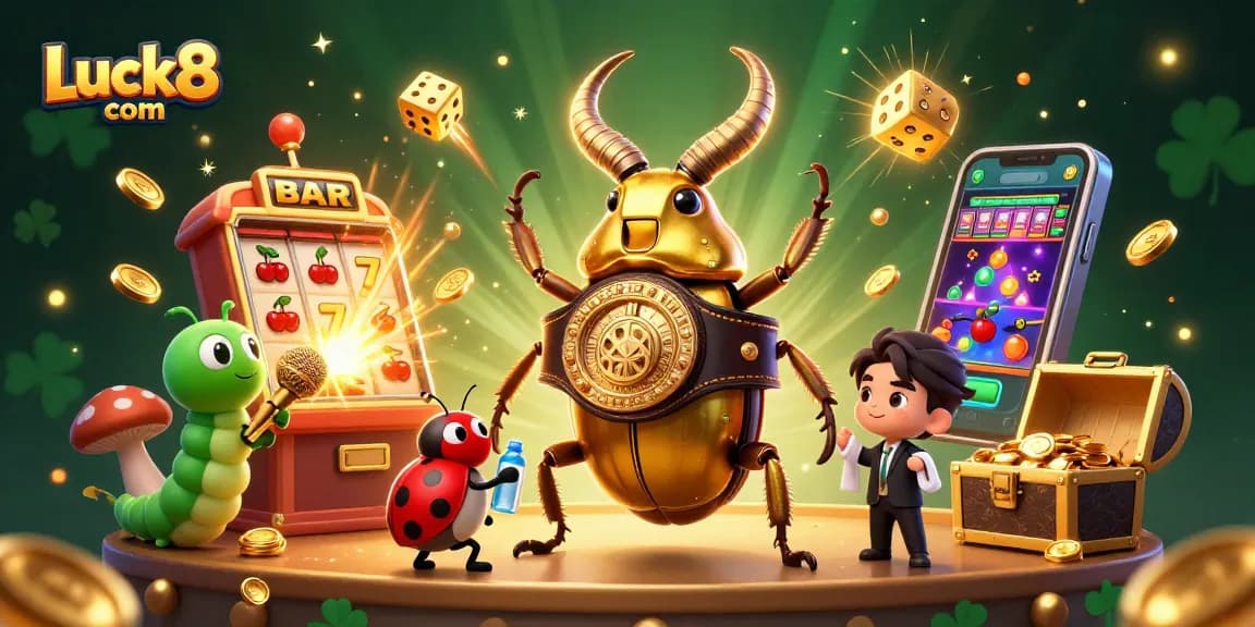 Engage with exciting games at Luck8 com, featuring a vibrant casino scene with colorful jackpots and characters.