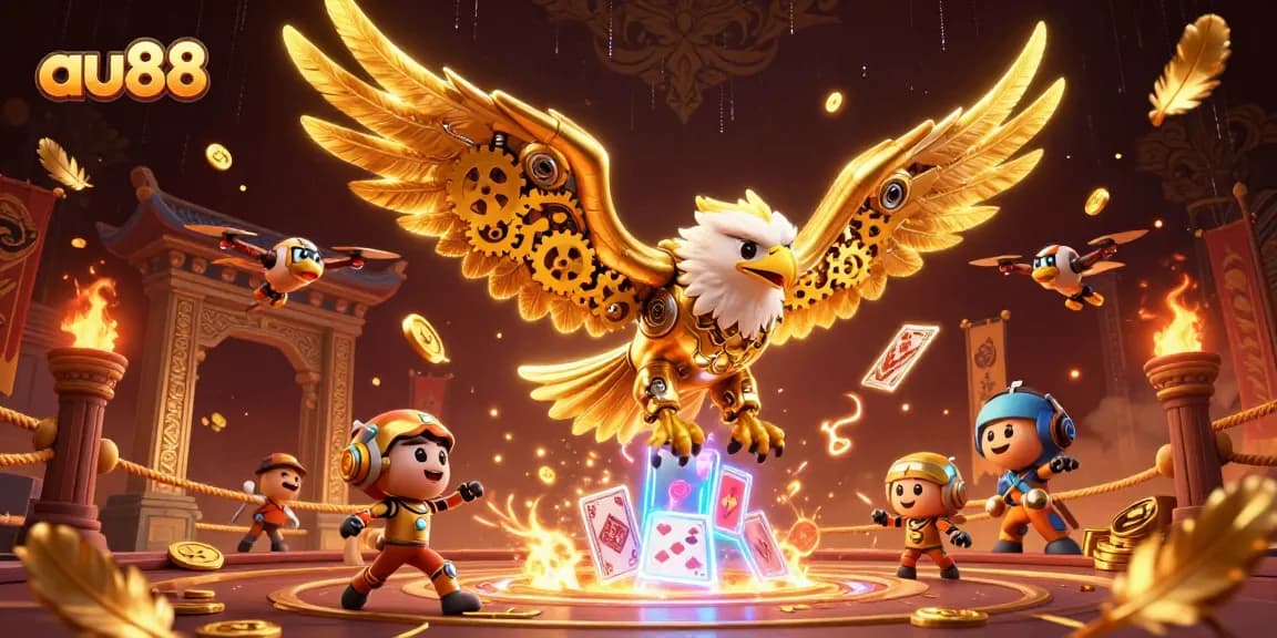 Engage with au88's thrilling atmosphere in this dynamic 3D casino scene featuring a cybernetic golden eagle and holographic cards.