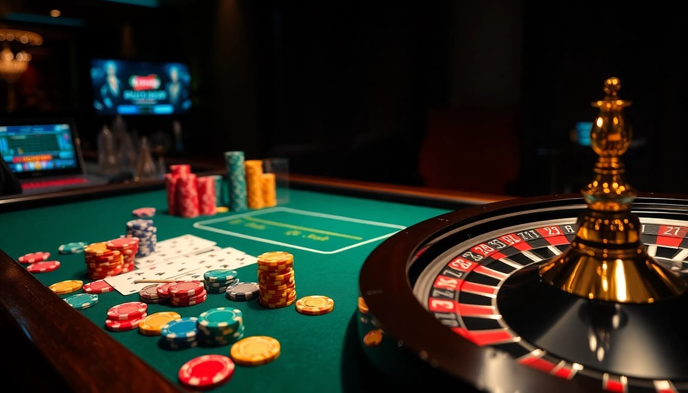 Experience the thrill of gambling at https://king88us.com/ with vibrant poker chips and playing cards in a luxurious casino setting.