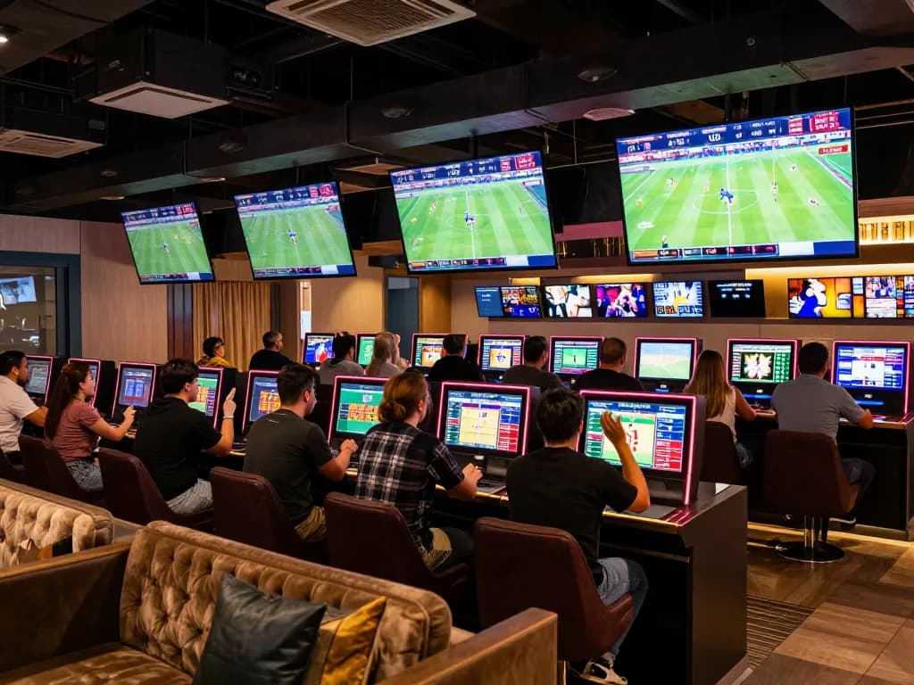 Place bets and watch live games at https://rikbet.global/ in an upscale sports betting lounge filled with excitement.