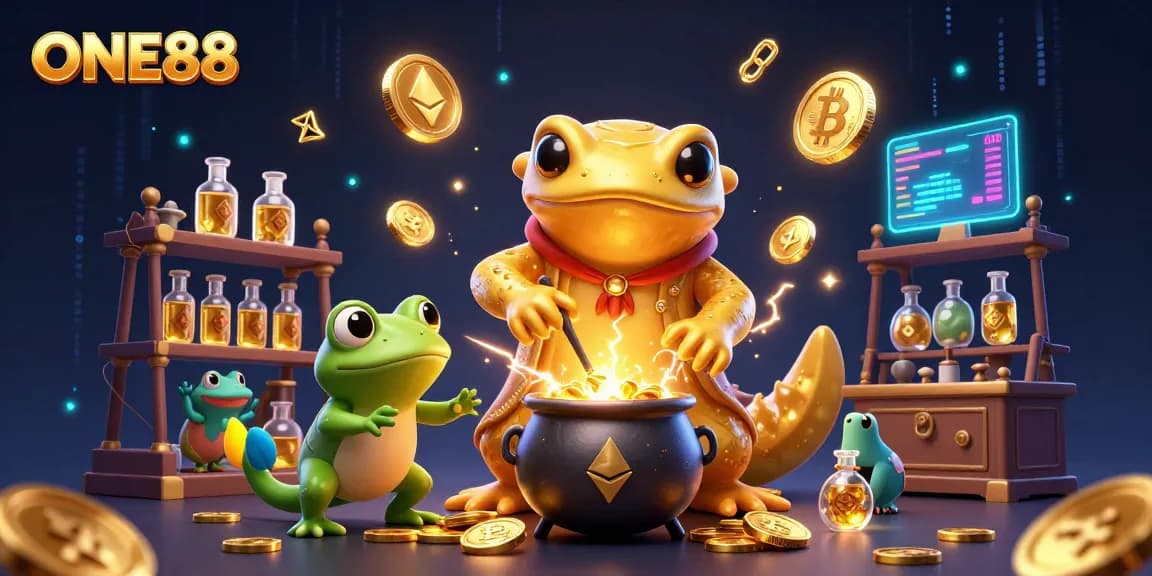 Engage with ONE88's interactive gambling world featuring alchemical gold transformations and crypto elements.