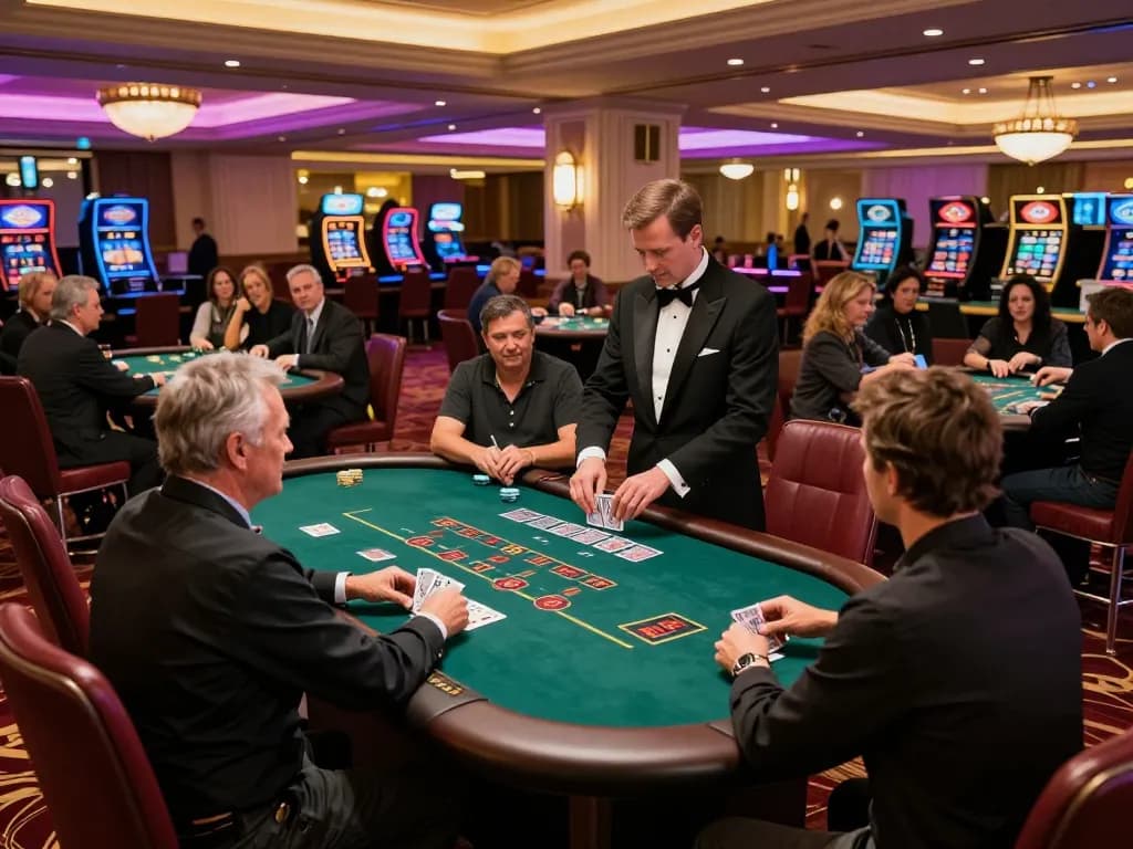 Engaged players at a blackjack table in a Go8 casino setting, showcasing vibrant gameplay and strategic decision-making.