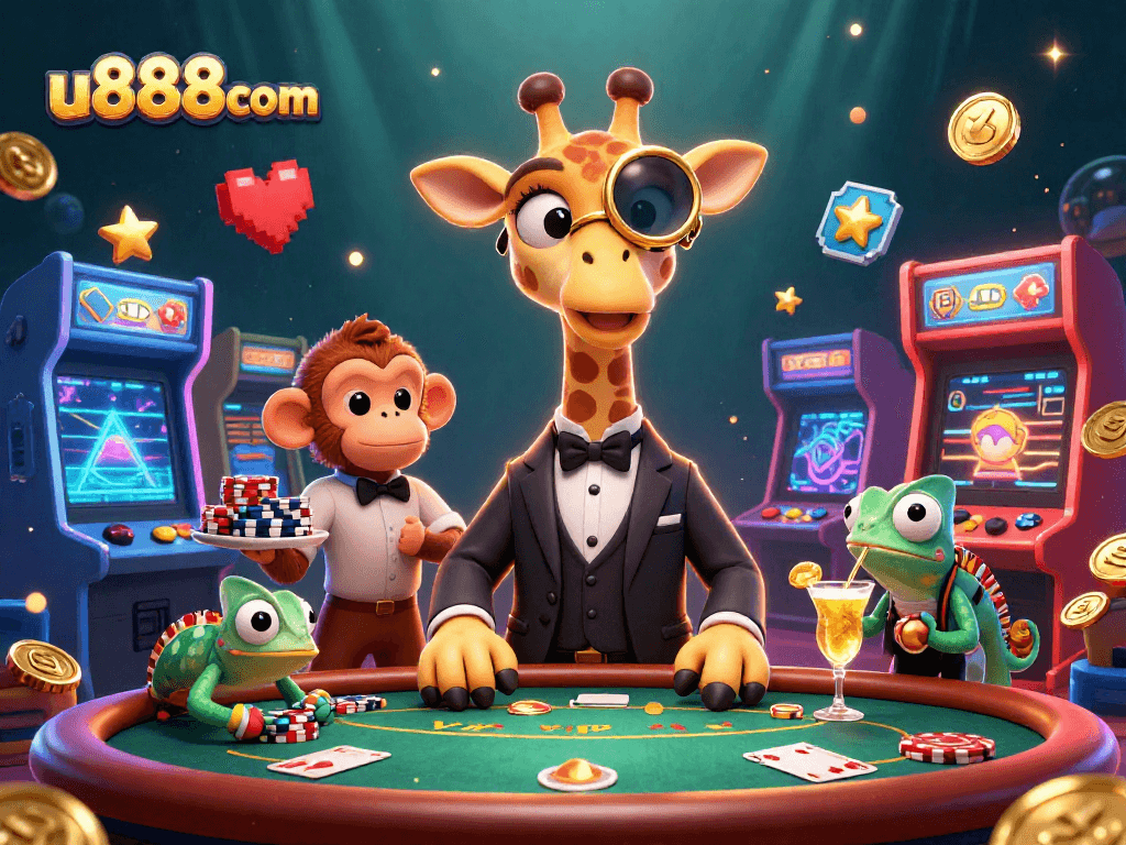 Engage in thrilling poker action with u888com's vibrant 3D casino scene featuring a giraffe and friends.