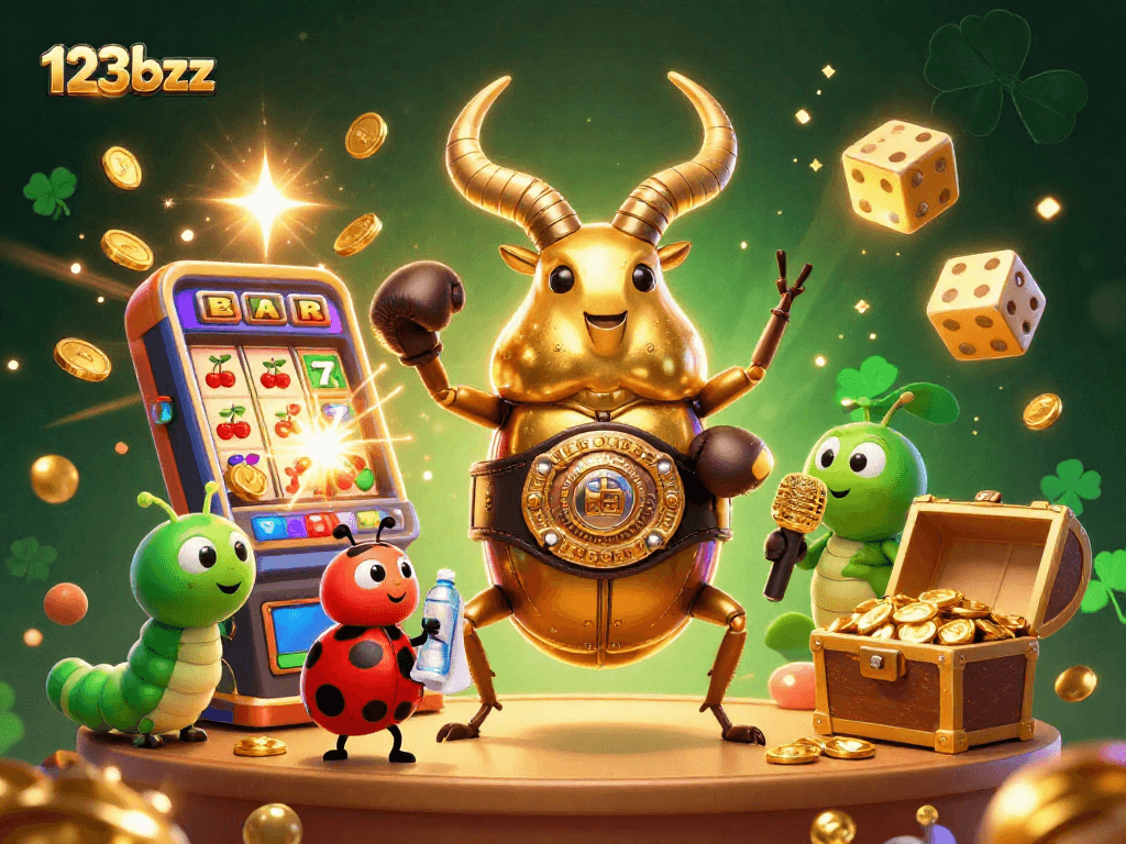 Exciting 123bzz scene with animated beetles and casino elements boosting online gaming fun.