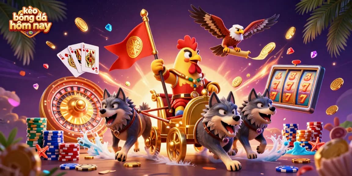 Bet on kèo bóng đá hôm nay with excitement, featuring a rooster warlord in a dynamic casino scene.