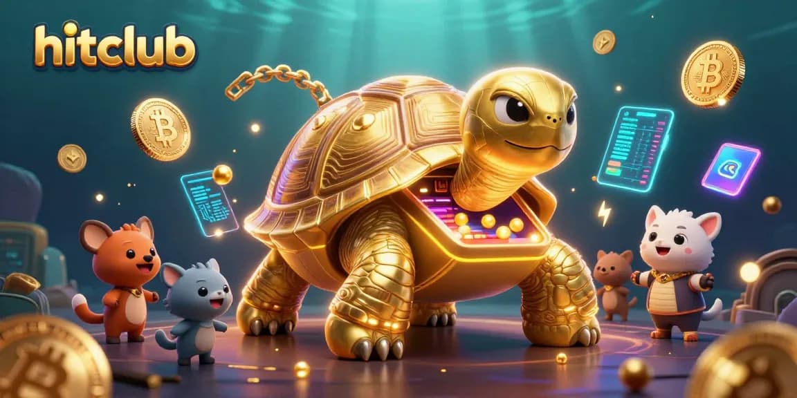 Experience the thrill of gaming at hitclub with dynamic gambling scenes filled with golden tortoises and crypto coins.