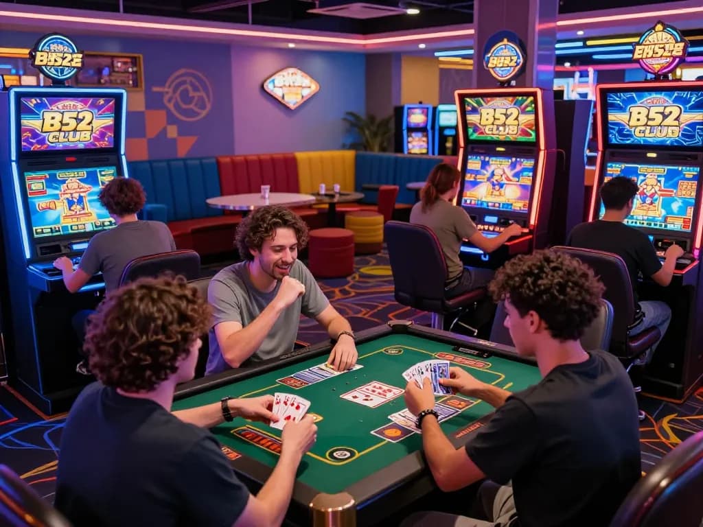 B52 Club tải features a vibrant gaming scene with players enjoying card games and slot machines in a neon-lit atmosphere.