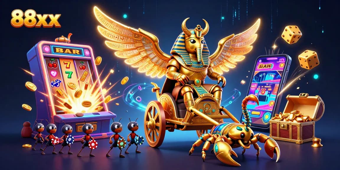 Experience thrilling wins at 88xx with a dynamic gaming adventure in a 3D casino illustration.