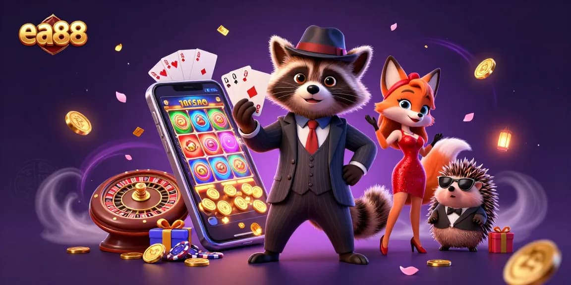 Experience thrilling gameplay with ea88 in this vibrant 3D casino scene featuring charismatic characters.