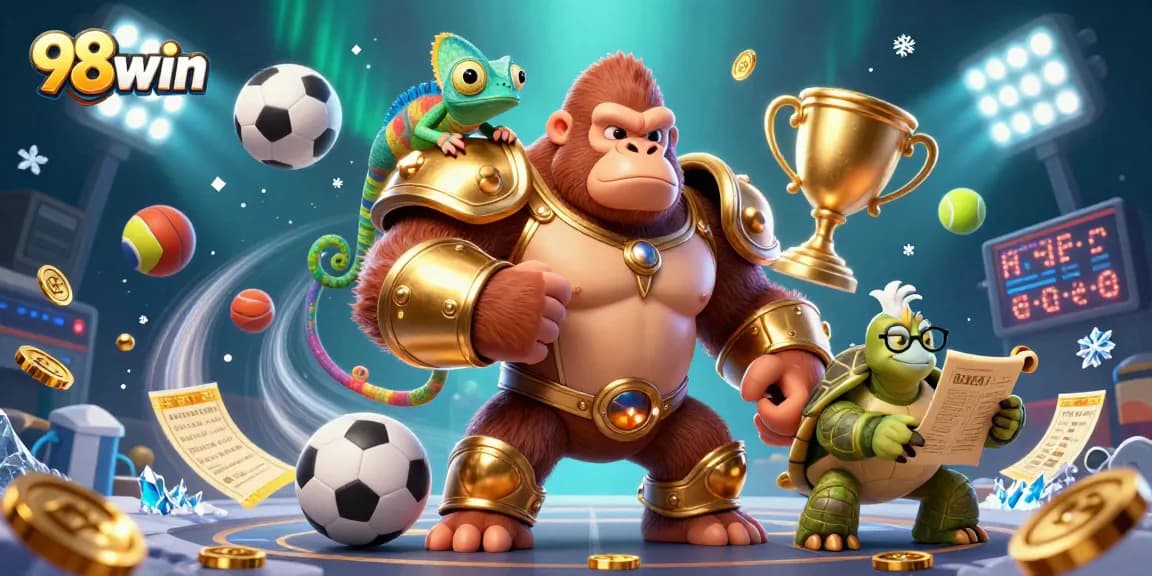 Experience the thrill of 98win with dynamic sports elements, featuring vibrant characters and gaming symbols.