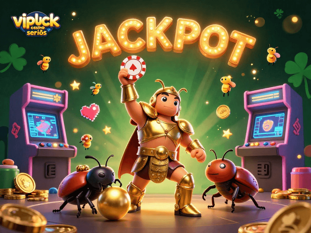 vipluck casino seriös zeigt animierte Käfer im Casinostil mit Spielautomaten und glitzernden Effekten