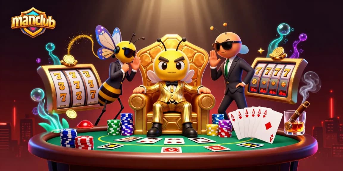 Experience thrilling action at manclub with vibrant slot reels and poker elements in a dynamic casino scene.