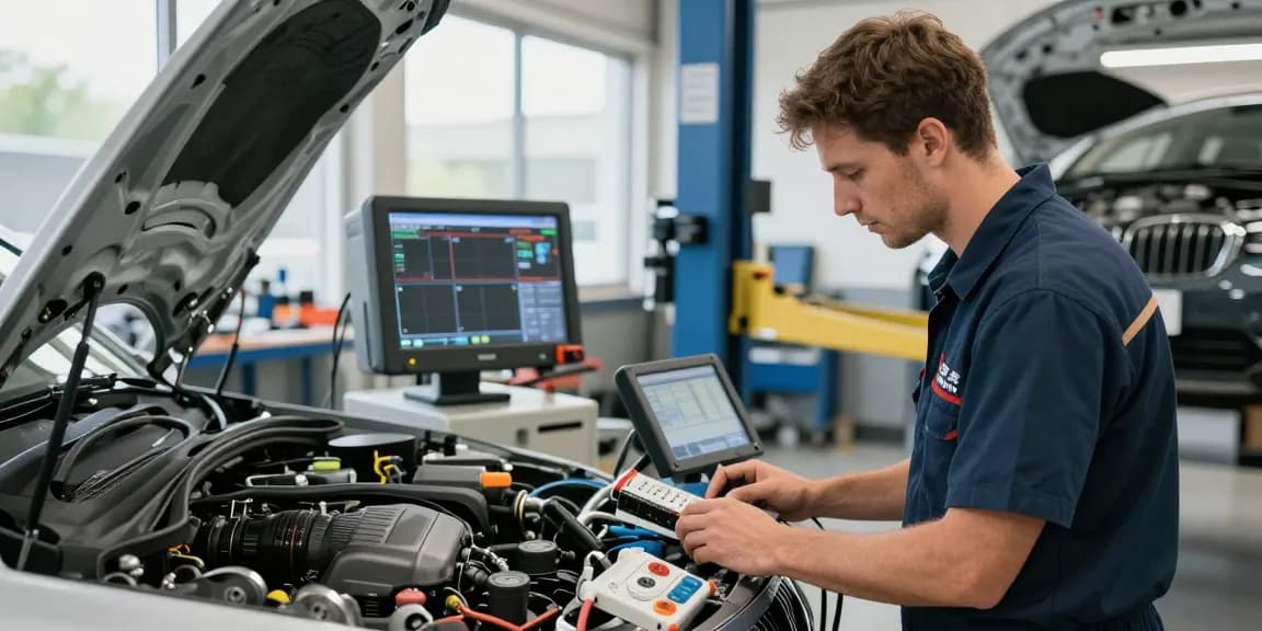 Experte, der in einer modernen Werkstatt Motordiagnosen für BMW Service Hannover durchführt.