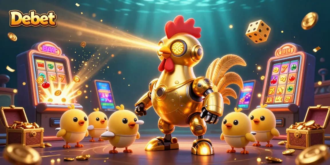 Engage in exciting Debet gaming with a futuristic golden rooster robot amidst slot machine victories and vibrant casino elements.