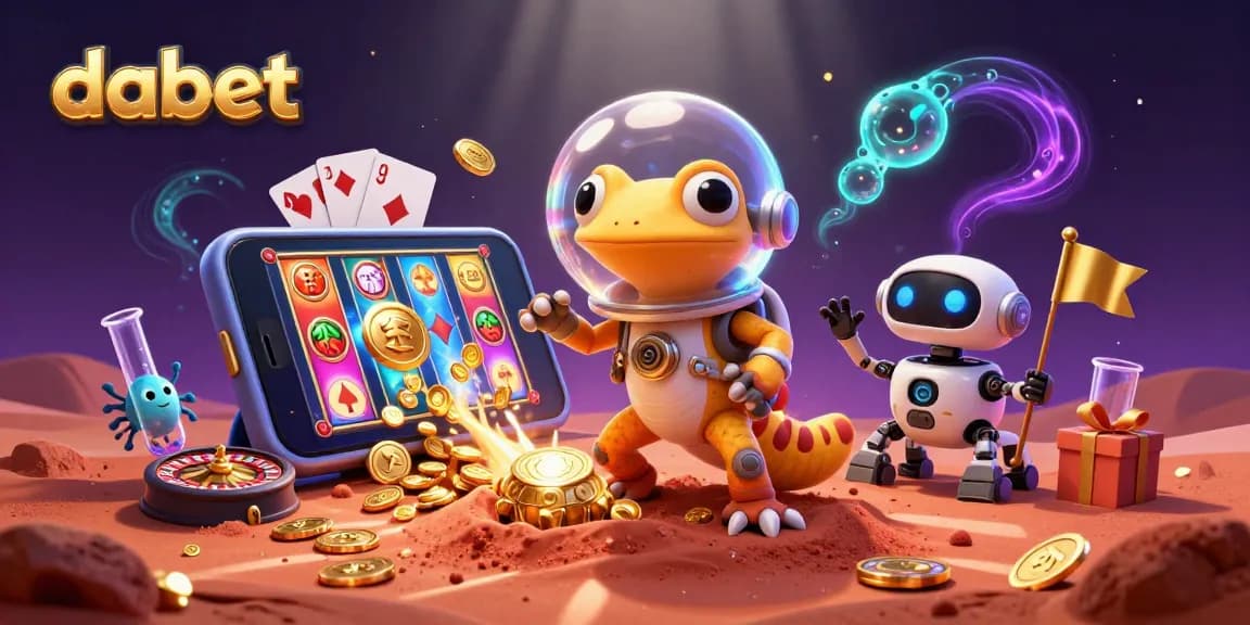Dabet's vibrant Martian gecko discovers a treasure-filled casino, surrounded by colorful slot games.