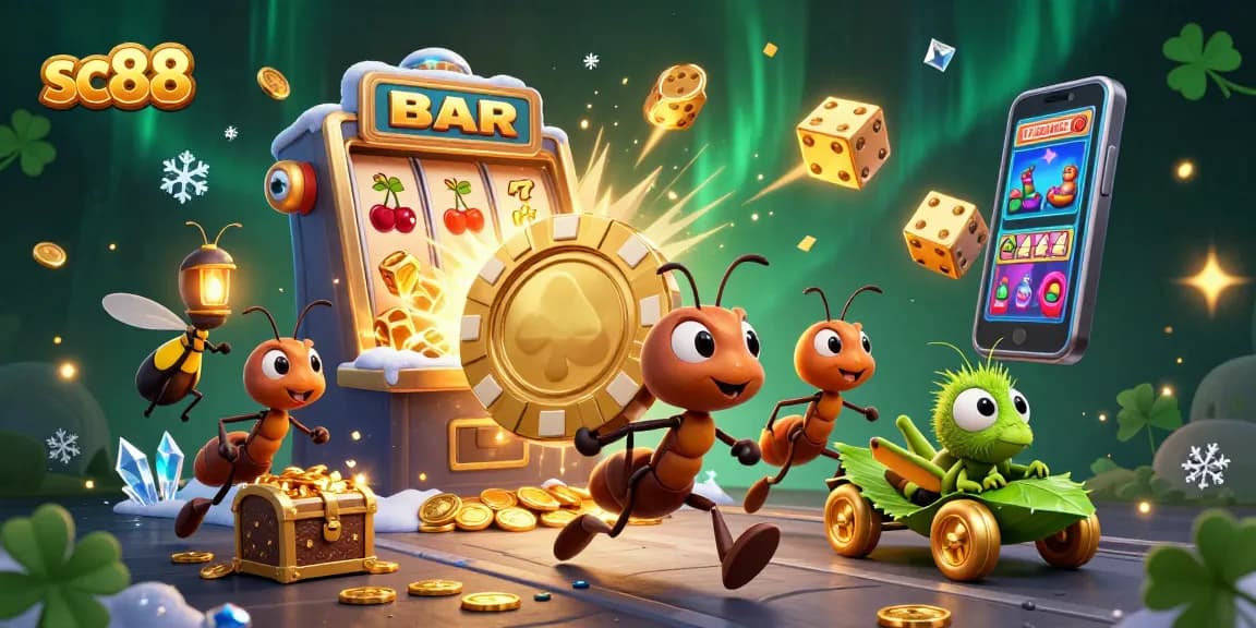 Experience thrilling gameplay at sc88 with ants heisting a golden poker chip in an exciting casino scene.