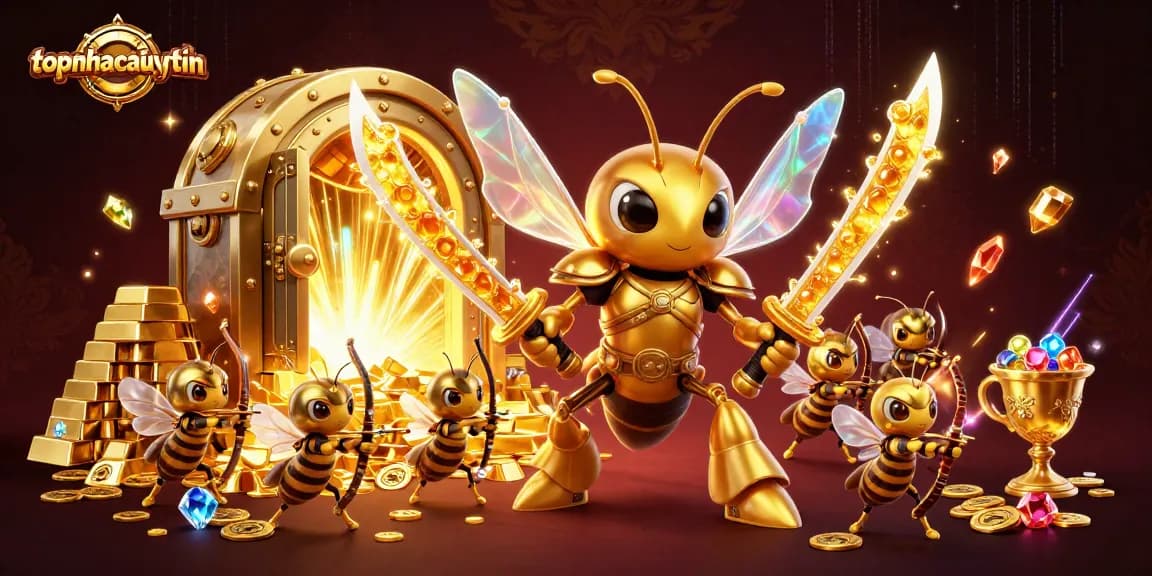topnhacaiuytin showcases a vibrant 3D illustration of a golden hornet samurai in a rich casino setting