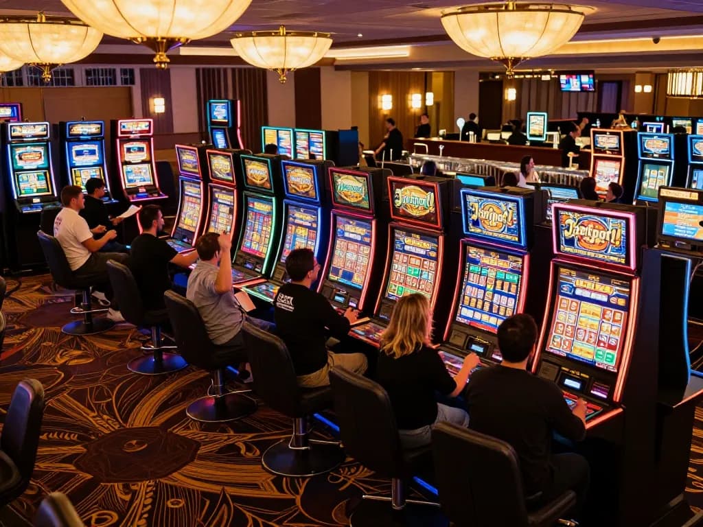 Players enjoying slot gacor hari ini with joyful reactions amidst colorful casino lights.