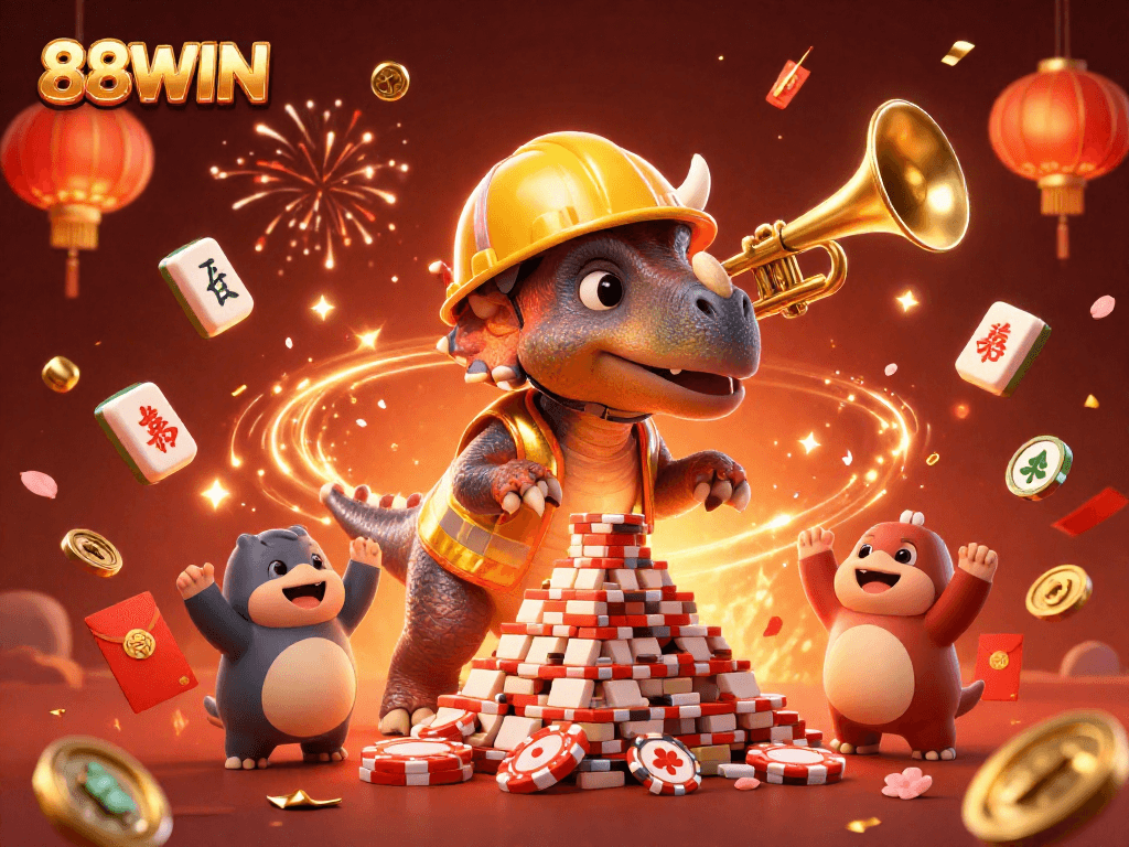 Engage in the thrilling world of 88WIN with a vibrant celebration featuring playful characters and casino elements.