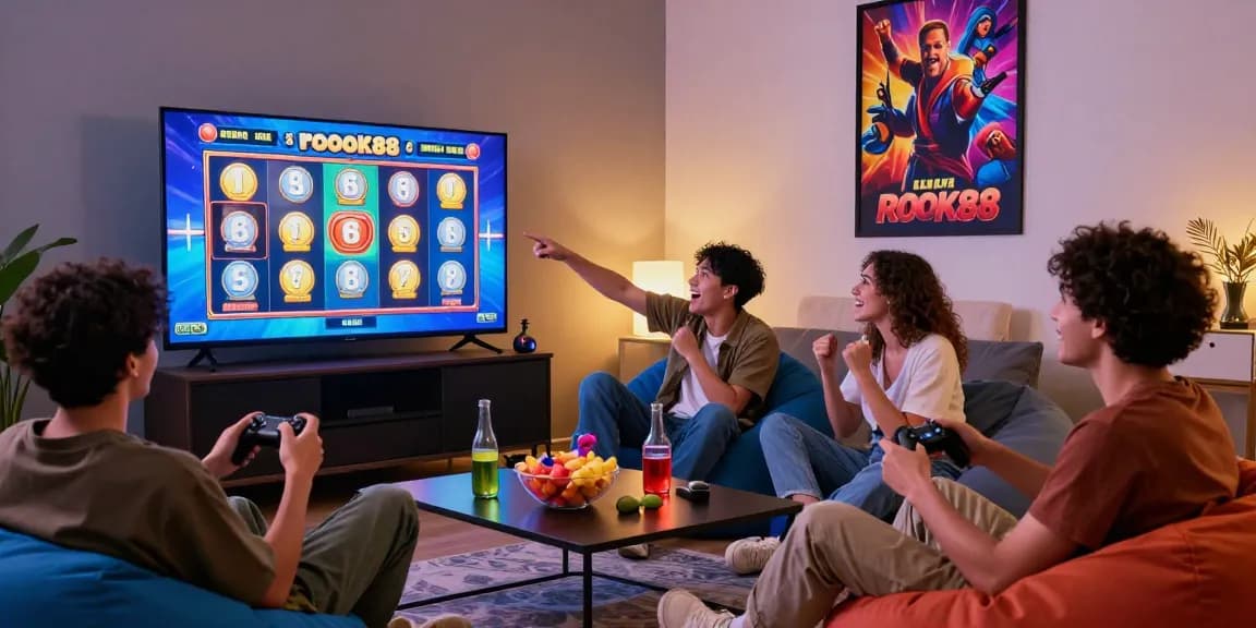 Friends enjoying rokok88 slot game night in a lively living room with snacks and drinks.
