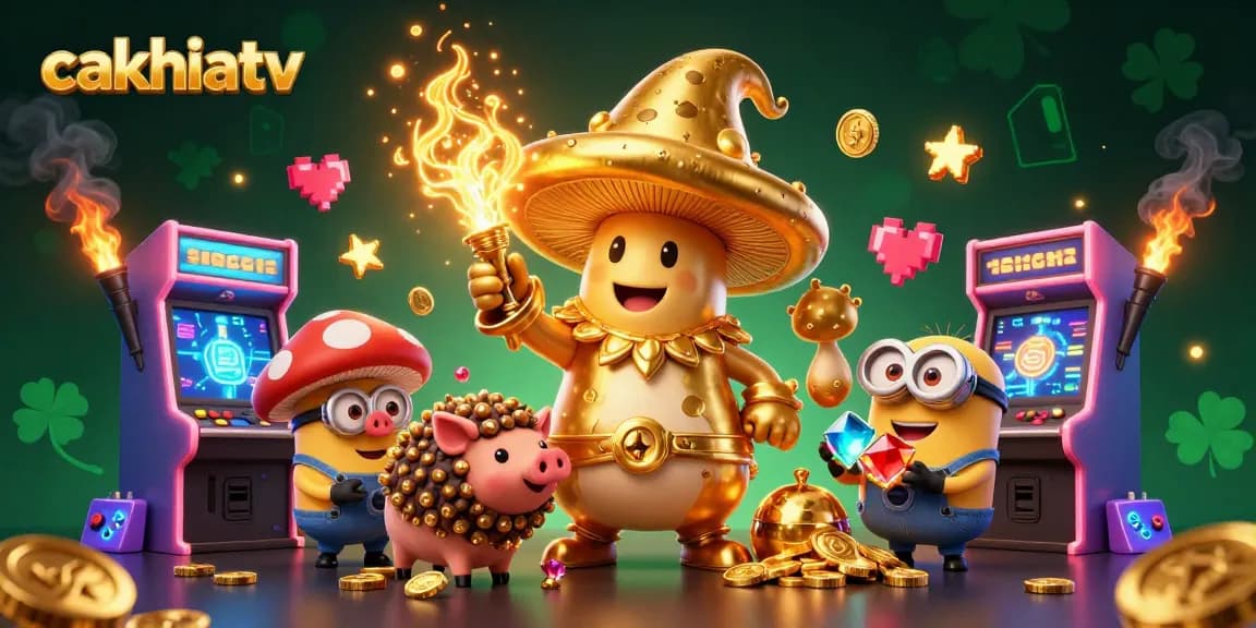 Cakhiatv immerses players in a magical world with a golden mushroom wizard and treasures in this vibrant 3D illustration.