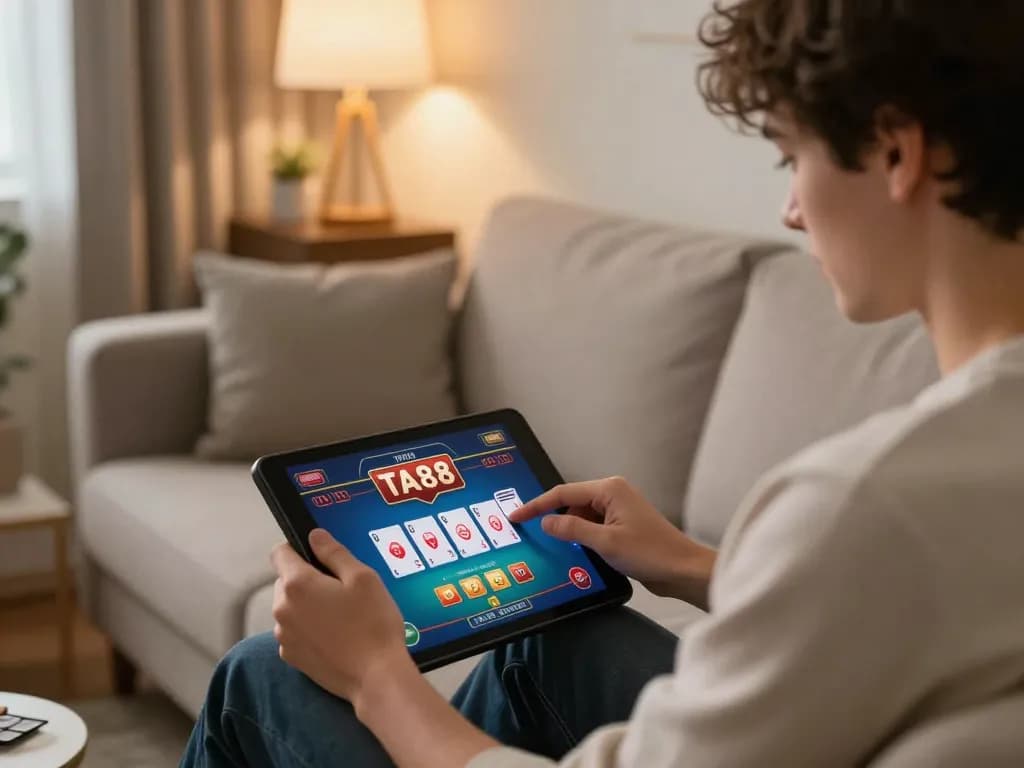 Player engaging with TA88 online casino tablet at home, showcasing strategic gameplay.