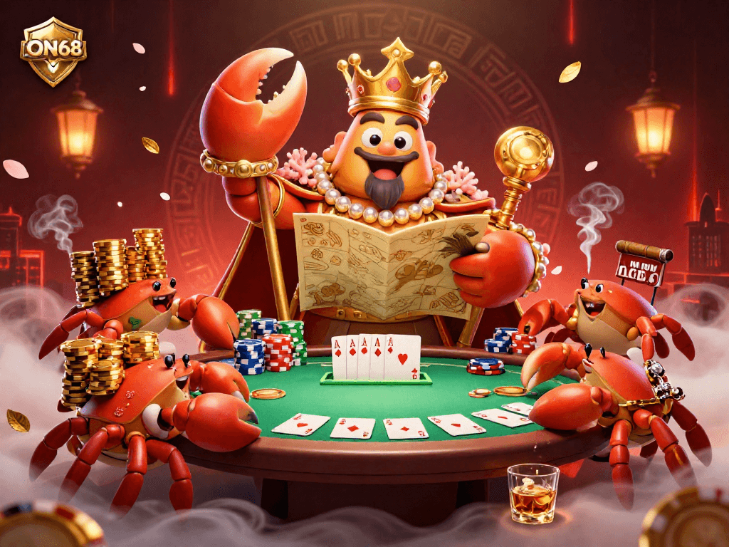 Experience the excitement at ON68 with a golden crab emperor and poker chips in a vibrant casino scene.