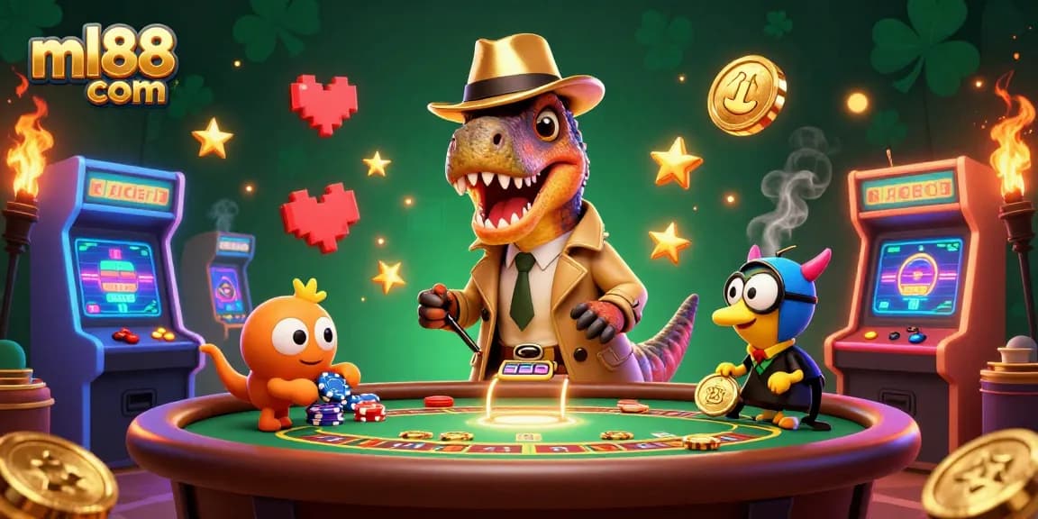 Experience the excitement of ml88 com with a cunning velociraptor card counter at a vibrant casino table.