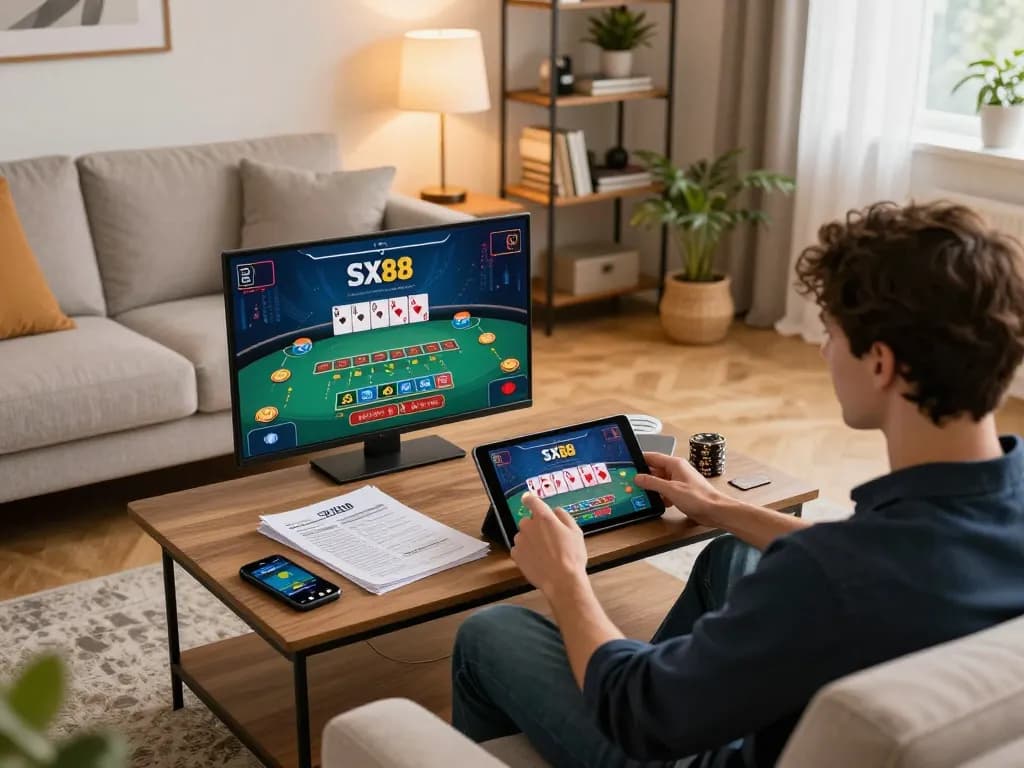SX88 player engaging in live dealer strategy from home, highlighting a cozy gaming atmosphere.