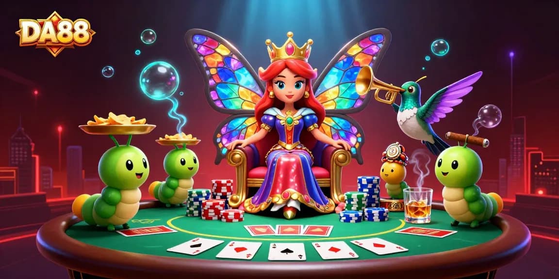 DA88 players enjoy a vibrant casino scene, showcasing poker elements and dynamic characters.