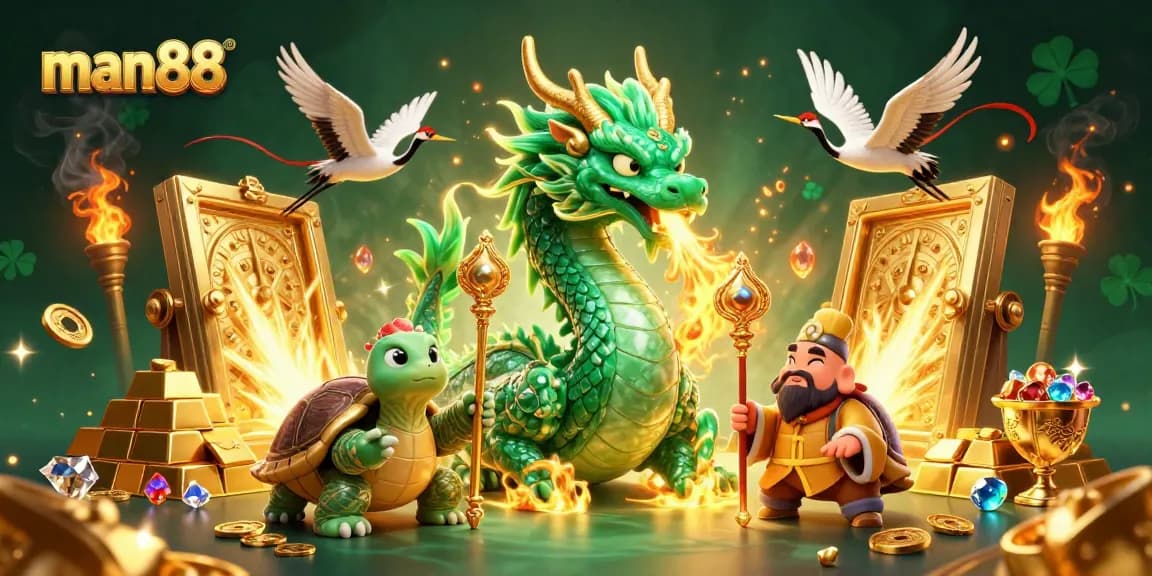 Engage with man88's thrilling digital casino experience featuring a jade dragon and treasures.