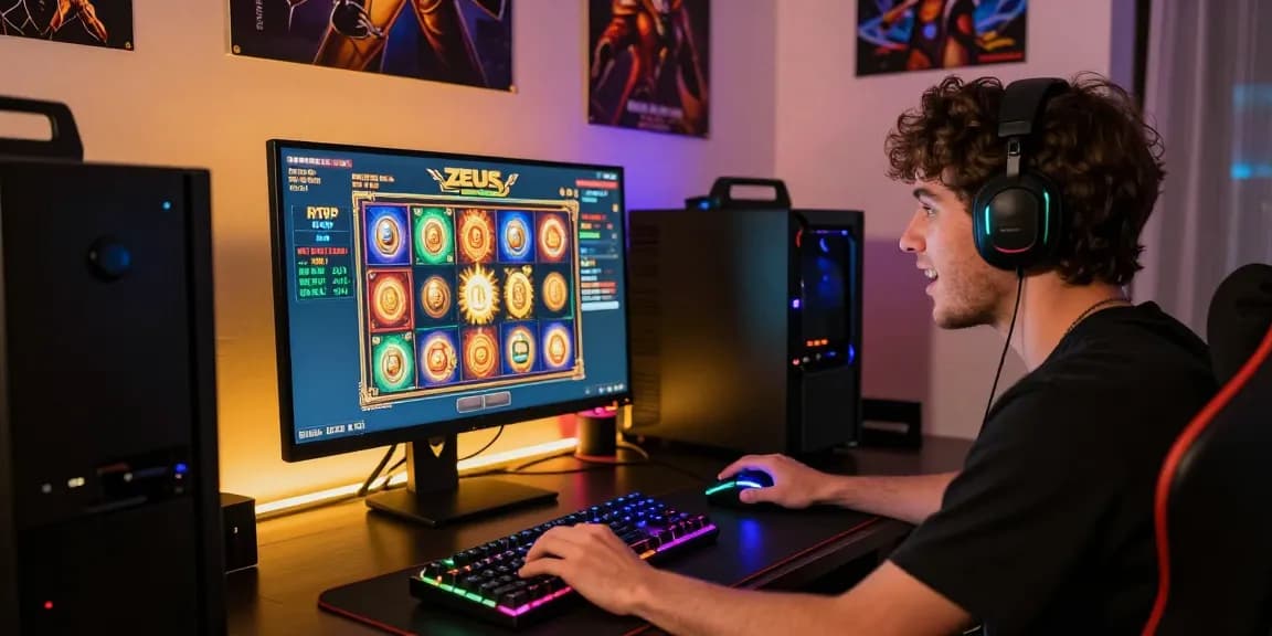 Immersive zeus slot gaming scene with player engaged at computer setup, vibrant graphics, and colorful peripherals.