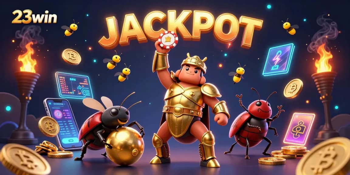 Engage with 23win in an epic casino scene featuring victorious beetles and glowing crypto elements.
