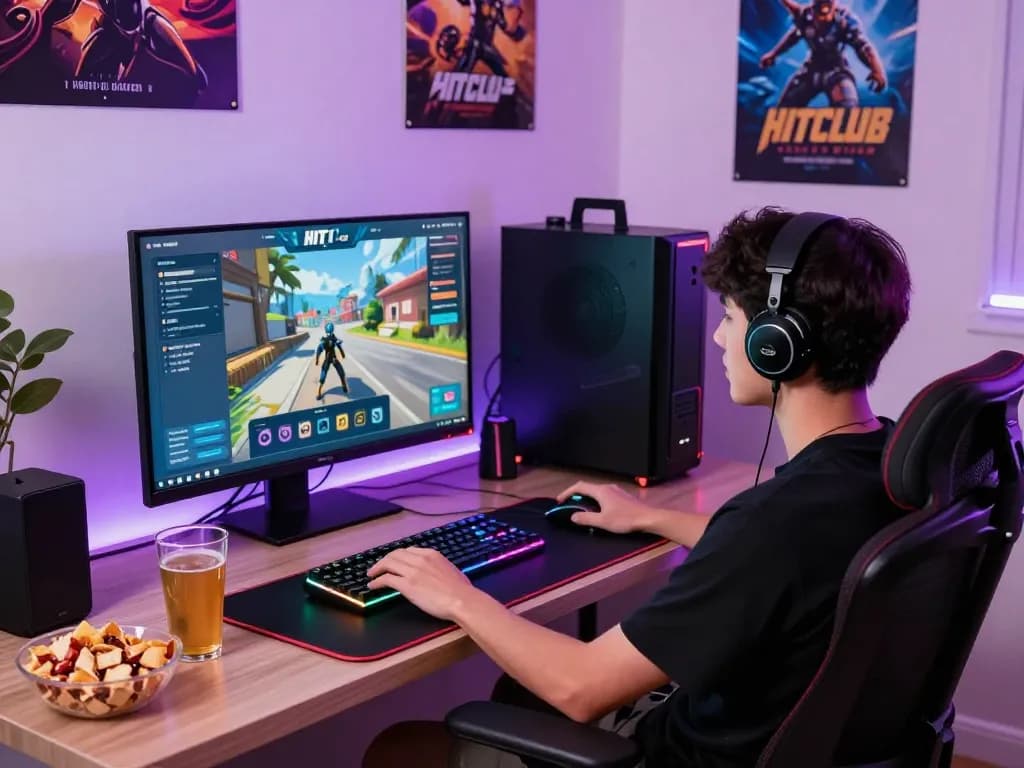 Immersive gaming at HITCLUB with player enjoying vibrant atmosphere and modern setup.
