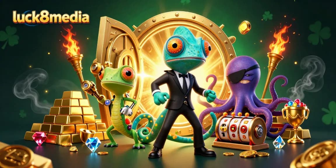 Engage with luck8media's thrilling online casino experience, featuring vibrant slot reels and dynamic characters.