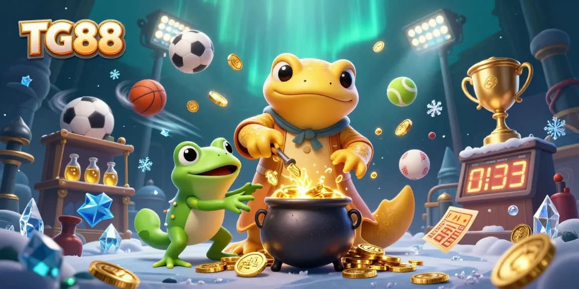 Experience thrilling sports action at TG88 with this dynamic casino-themed illustration featuring alchemical transformation and gold coins.