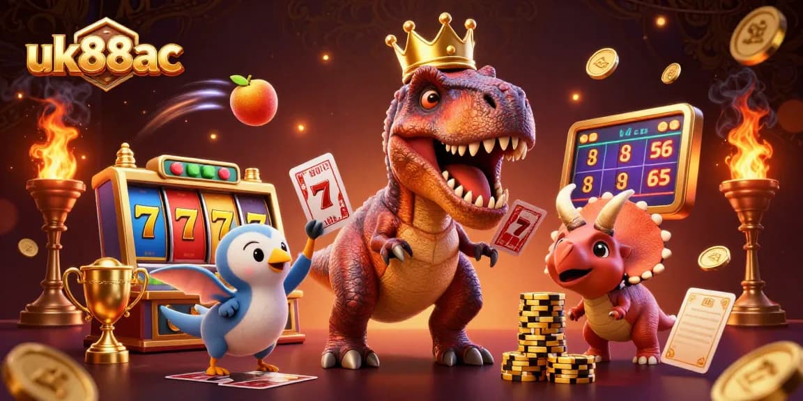 uk88ac showcases a lively casino scene with a T-Rex shuffling cards and friends stacking chips.