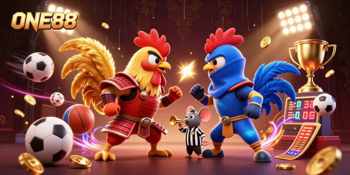 ONE88 showcases a thrilling standoff between fighting roosters in a dynamic casino betting scene.