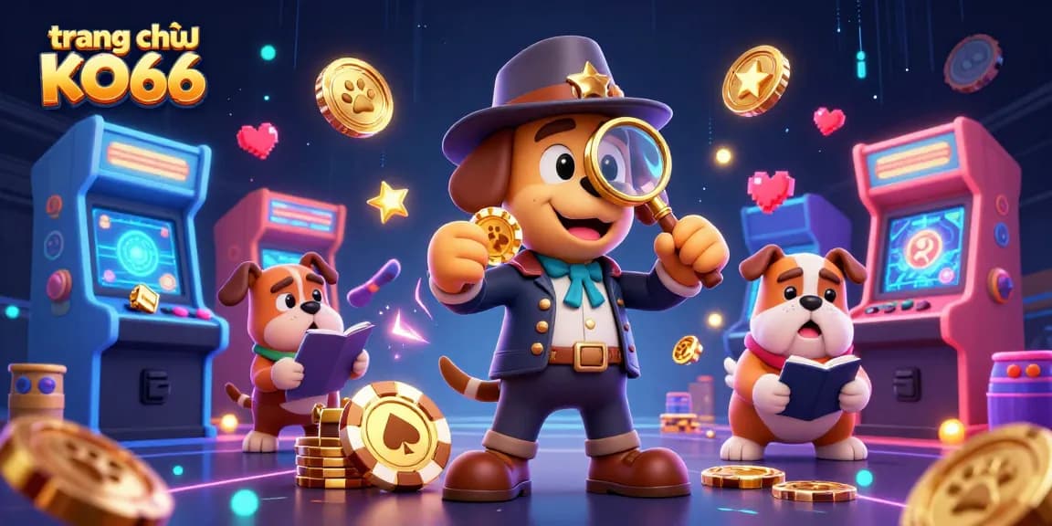 Engage in thrilling fun at trang chủ KO66 with a colorful 3D detective scene featuring exciting casino games and characters.