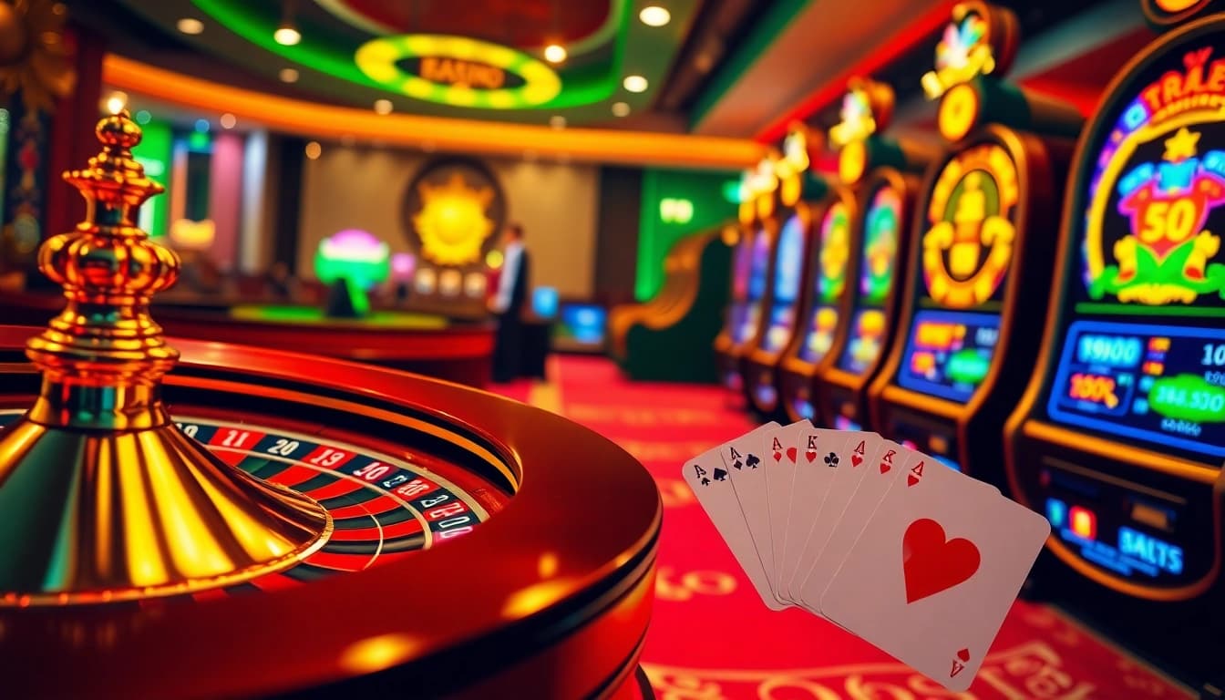 Xocdia88 online gambling interface featuring vibrant casino elements like roulette wheels and slot machines.