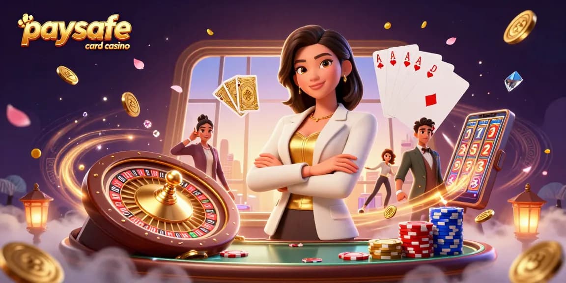 Fesselnde Szene in einem Paysafe Card Casino mit einer kraftvollen asiatischen Frau und casino-inspirierten Elementen.