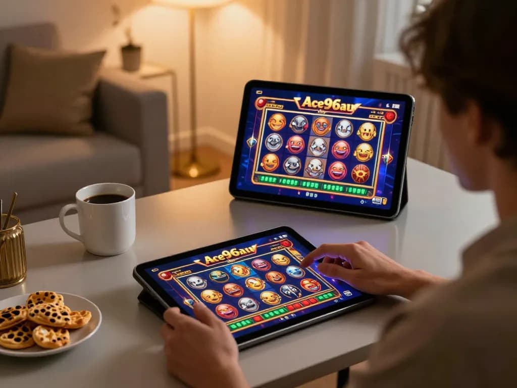 Ace96au player enjoying online slots on a tablet in a stylish home setup with cozy lighting.
