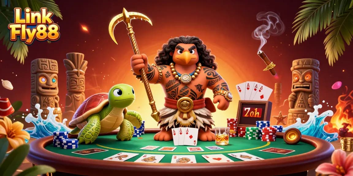 Experience thrilling gaming at Link Fly88 with a vibrant casino scene featuring poker elements and Polynesian characters.